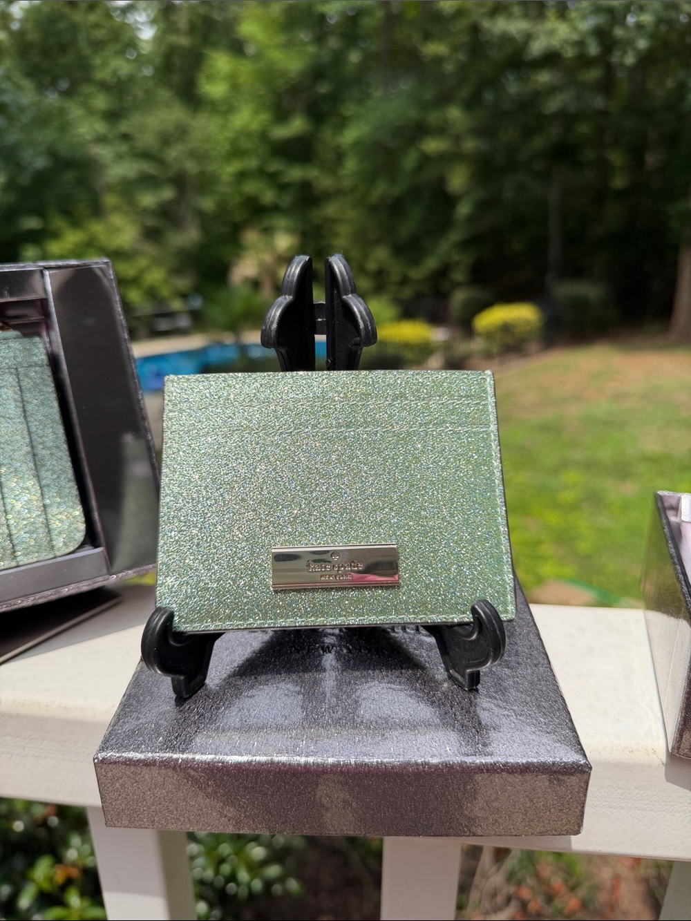 Kate Spade NWT Mini Tote Green Gold Glitter Bag, Wallet, Card Case Retail$580 - Picture 15 of 17